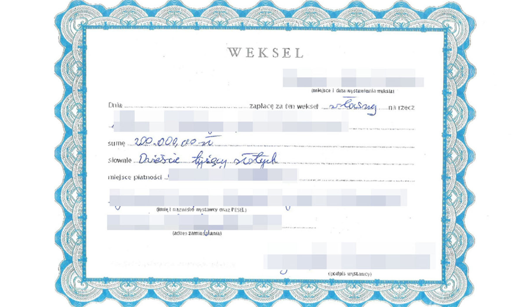 Znajomy przemocą zmusił go do podpisana weksla na 200 tys. złotych