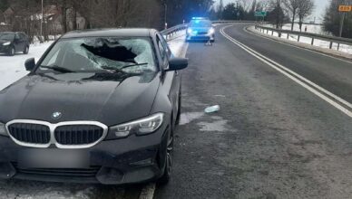 Bryła lodu spadła z naczepy, przebiła szybę i raniła kierowcę