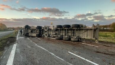 Na trasie S7 ciężarówka przewożąca drewno wywróciła się na bok