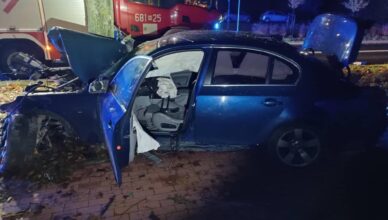 Wypadek w Wołominie. Samochód uderzył w drzewo, jedna osoba ranna