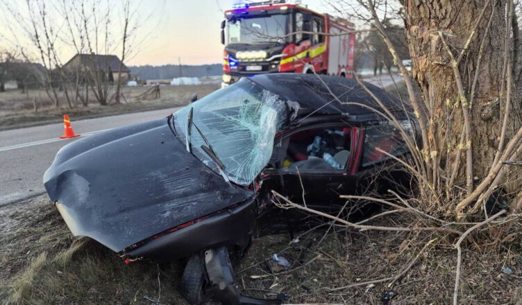 Groźny wypadek w Psucinie. Samochód z impetem uderzył w drzewo – jedna osoba trafiła do szpitala