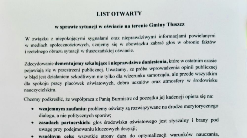 Tłuszcz - List otwarty kadry kierowniczej tłuszczańskich placówek oświatowych