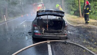 Poranny pożar samochodu w Stanisławowie Pierwszym. Auto stanęło w ogniu na drodze