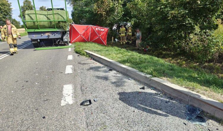 Tragiczny wypadek na DK-60 w miejscowości Nasierowo-Dziurawieniec. Nie żyje 28-letni kierowca Tesli