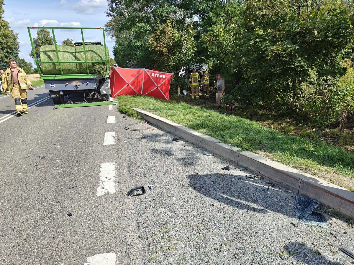 Tragiczny wypadek na DK-60 w miejscowości Nasierowo-Dziurawieniec. Nie żyje 28-letni kierowca Tesli