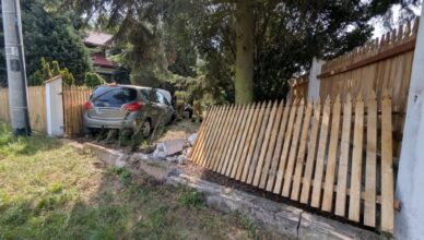 Auto wypadło z drogi i uderzyło w ogrodzenie posesji. Kierowca trafił do szpitala
