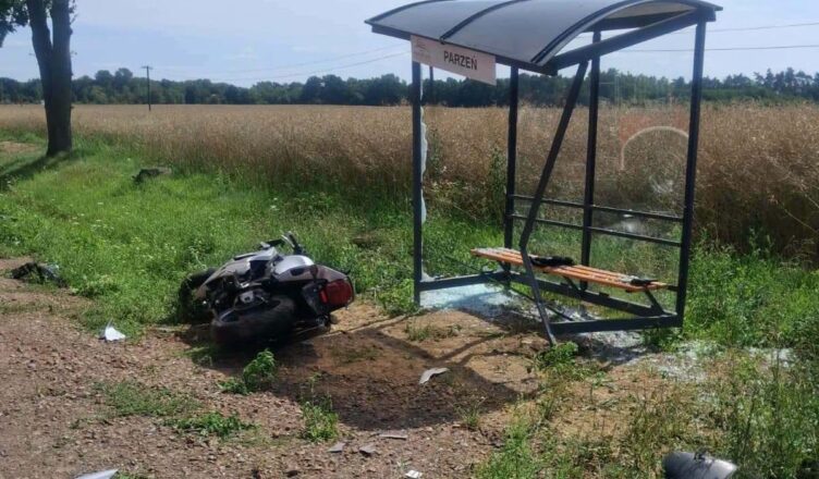 Motocyklista wypadł z drogi i uderzył w przystanek. Trasa w kierunku Brudzenia Dużego została zablokowana