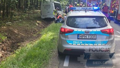 Groźny wypadek busa z samochodem na DW698. Trzy osoby trafiły do szpitala