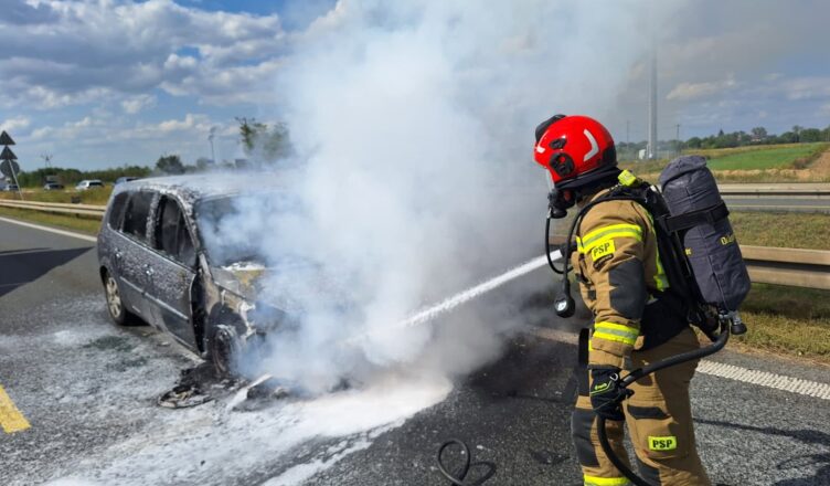 Pożar samochodu w Palmirach. Auto stanęło w ogniu, strażacy gasili je na drodze