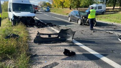 Zderzenie trzech pojazdów na DK12 w Małęczynie. Dwie osoby trafiły do szpitala